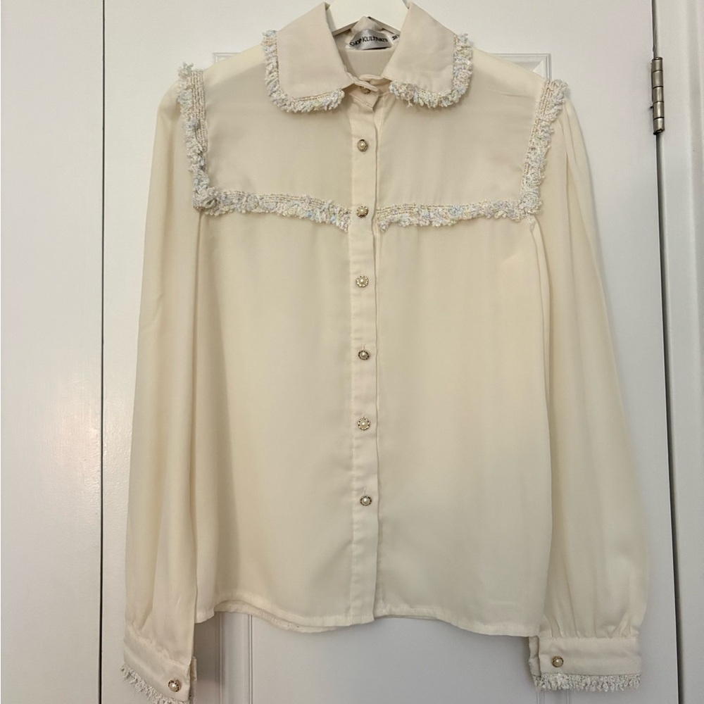 Business Casual Button Down Blouse with Pearl detail